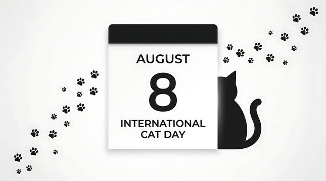 International cat day august eighth calendar date celebration with paw prints with accompanied feline silhouette minimalist calendar page