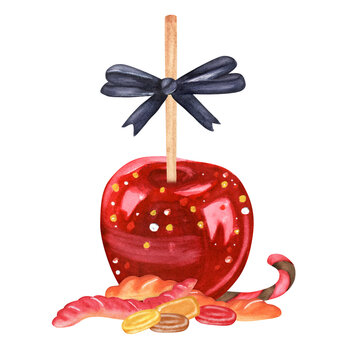 Red candy apple on a wooden stick with a black bow, surrounded by jelly worms and mixed candies. Hand-painted watercolor illustration for Halloween greeting cards, dessert menu, and kids' party favor