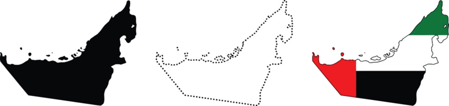 Set of united arab emirates map outlines in black white and flag colors isolated on transparent background