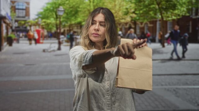 Woman holding paper bag points finger forward on a busy street with a tense face and extended finger; assertive demand.