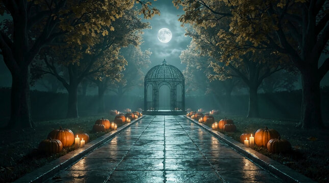 Ethereal Moonlight Path Lined With Glowing Jack-o-lanterns Leading To A Dark Ornamental Gazebo In An Autumn Garden