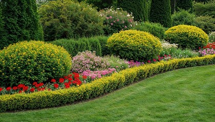 Obraz premium Landscaped garden with blooming flowers. Vibrant green lawn and manicured shrubs.