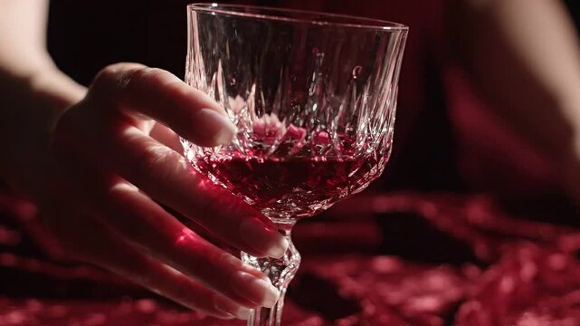 Elegant hand holding crystal glass filled with red wine, showcasing the intricate design of the glass against a rich red fabric background in a dimly lit setting