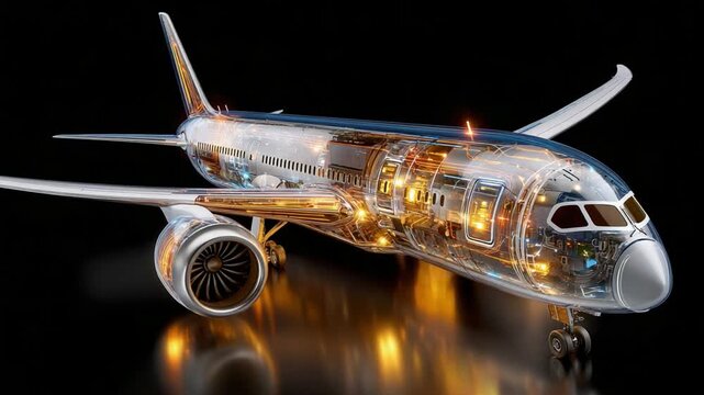 Transparent Aircraft: A see-through model of a modern jet airplane reveals its intricate internal mechanics and advanced technology, showcased against a dark, reflective background.