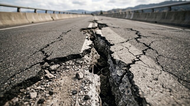 Massive earthquake damage on cracked asphalt road with deep fissure and broken concrete pavement on a bridge, structural failure, disaster, transportation infrastructure
