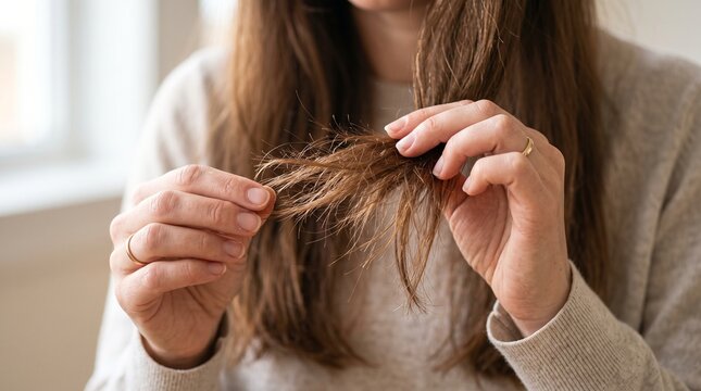 Young woman inspecting split ends in her hair at home. Close-up of damaged dry hair care and self grooming in a bright indoor setting.