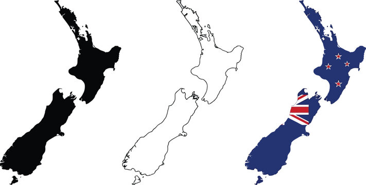 Set of three new zealand map illustrations featuring silhouette outline and blue design isolated on transparent background