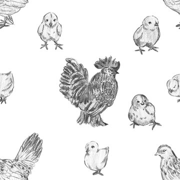 Seamless repeating pencil sketch pattern with a rooster and small chicks. Great for farmhouse wallpaper, country kitchen textile prints, and spring nursery decor.
