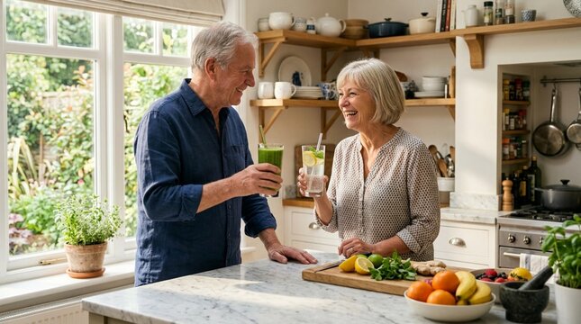 A happy senior couple stands in a bright home kitchen, joyfully clinking glasses of green smoothie and fresh lemon water while surrounded by healthy fruits and vegetables on a marble countertop.
