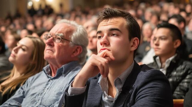 Engrossed Audience: A diverse group of people, young and old, sit attentively in a darkened hall, their faces illuminated, captivated by an unseen performance or speaker.