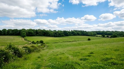 Fototapeta premium A breathtaking wide summer landscape featuring lush green grass fields stretching towards a dense line of dark green trees in the distance under a bright blue sky with fluffy white clouds and a