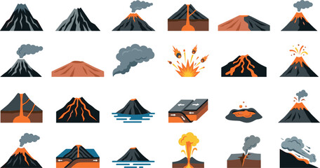 Volcano eruption icon set with magma lava explosions smoke tectonic plates ash clouds cross sections and volcanic mountains isolated flat vector illustrations © MstRowshanAra