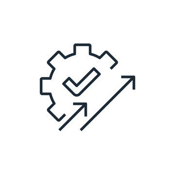 A cogwheel, checkmark, and upward arrows. Process optimization, productivity growth, and successful setup. Vector linear icon illustration isolated on white.