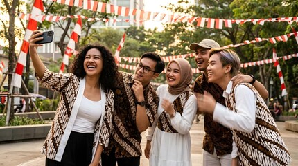 Fototapeta premium Friends take group selfie in traditional batik and red attire.