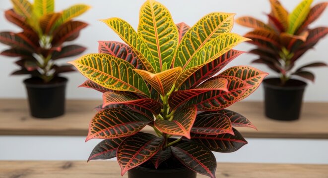 Colorful croton plants in black pots on a wooden table illustration