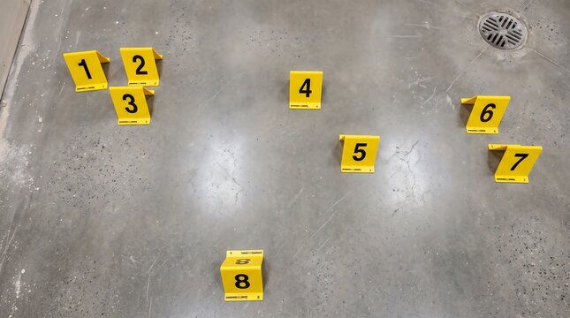 Crime scene evidence markers on floor. Forensic investigation markers at a site.
