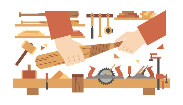 Woodworker hands craft a custom wooden baseball bat at a workshop bench surrounded by chisels and a circular saw blade.