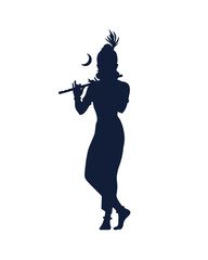 Silhouette of lord krishna playing the flute with a crescent moon and peacock feather, isolated on white background © MdRiyad