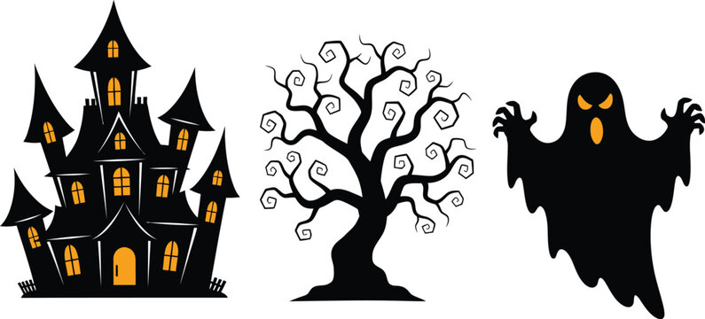 Halloween haunted house, spooky tree, and ghost silhouette isolated on transparent background