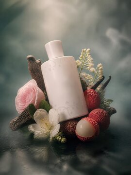 White perfume bottle mockup floating with fresh lychee and pink rose