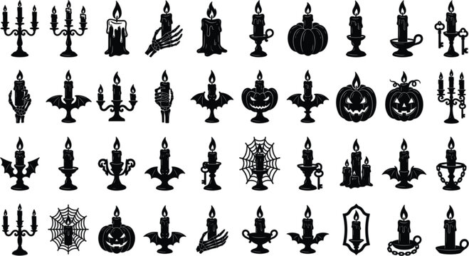 Spooky Halloween candle silhouette vector bundle featuring scary gothic candelabra skeleton hand pumpkin and spider web icons