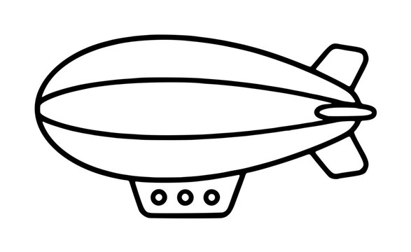 A simple black line drawing of a classic blimp airship with a gondola and tail fins, isolated on white background, suitable for travel and transport themes, clean scalable vector icon illustration.