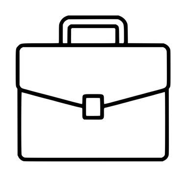 A minimalist black line art vector icon of a classic business briefcase with a handle and clasp, perfect for corporate presentations, travel concepts, and professional portfolio designs in a clean