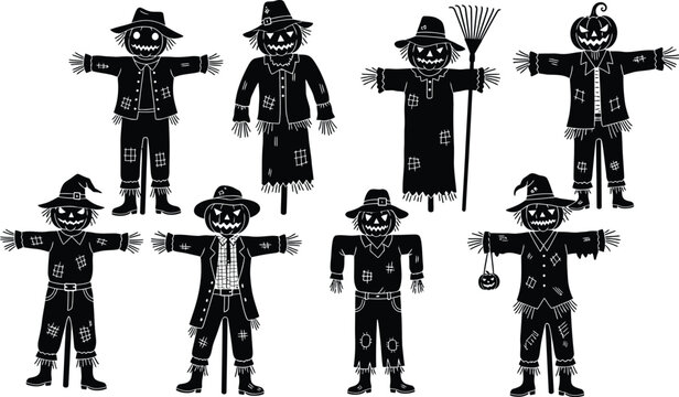 Halloween scarecrow silhouette set, spooky pumpkin head vector icons isolated on Transparent Background