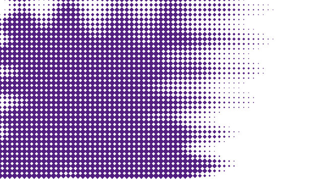Purple dotted halftone pattern with diminishing density on transparent background dots texture gradient speckled specks