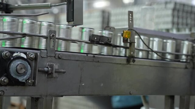 Metal cans moving on conveyor belt in canning facility, Canned food production line in a modern automated factory, Industrial food packaging process with automated metal can conveyor