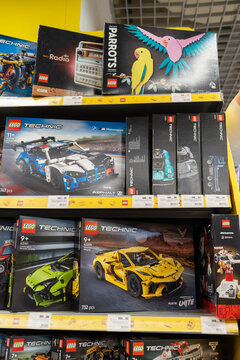 Lego products on a shelf in a shop. Boxes of Lego sets displayed on supermarket shelves. Minsk, Belarus - June 10, 2026