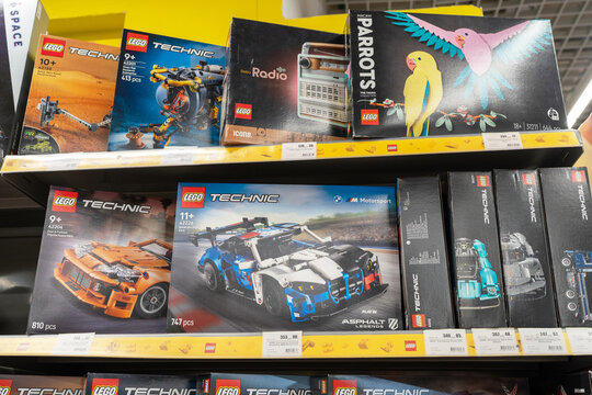 Lego products on a shelf in a shop. Boxes of Lego sets displayed on supermarket shelves. Minsk, Belarus - June 10, 2026