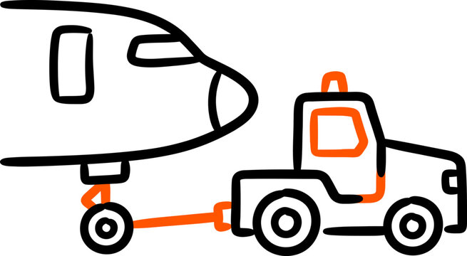 Airplane connected to a tractor pushback and ground handling icon