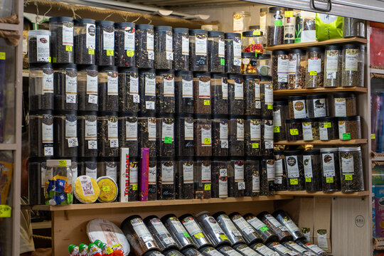 A large selection of different types sorts of tea is sold at the tea shop. Minsk, Belarus - July 21, 2026