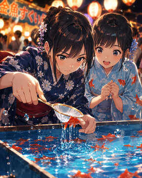 Two girls in yukata scooping goldfish with a paper scoop at a night festival stall / 縁日の屋台でポイを使い金魚すくいに挑戦する浴衣の少女二人