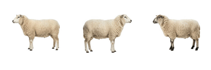 Obraz premium Side view of fluffy white sheep and farm animals isolated on transparent background set, wool livestock and rural agriculture design elements PNG