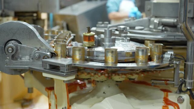 Automated industrial food canning production line in factory, Machinery for filling and sealing metal cans in food processing plant, Industrial manufacturing equipment in modern canning facility