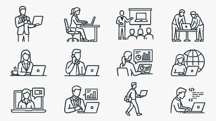 Fototapeta premium Professional Black and White Line Set Showcasing Various Workplace and Remote Work Scenarios with high quality professional line art symbols for modern creative design and digital branding projects