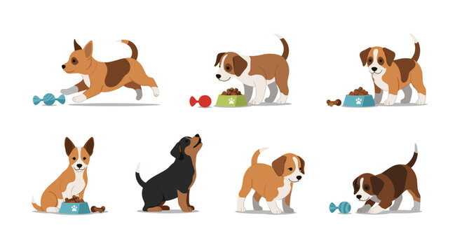 Set of cute playful puppies in various poses like running eating and jumping isolated on a clean white background.