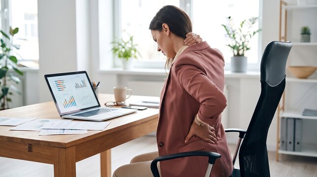 Young businesswoman feeling back and neck pain at office desk with laptop for medical and ergonomic health content.
