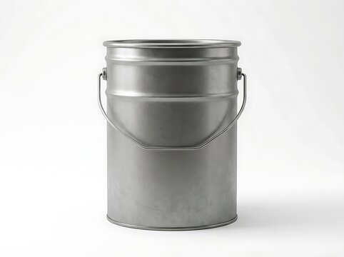 Empty silver metal paint bucket with a handle for construction and home renovation projects. 5 gallon pail oi