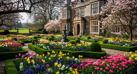 Obraz premium Spring Time Garden at a Grand Estate with Blooming Flowers and Manicured Parterres.
