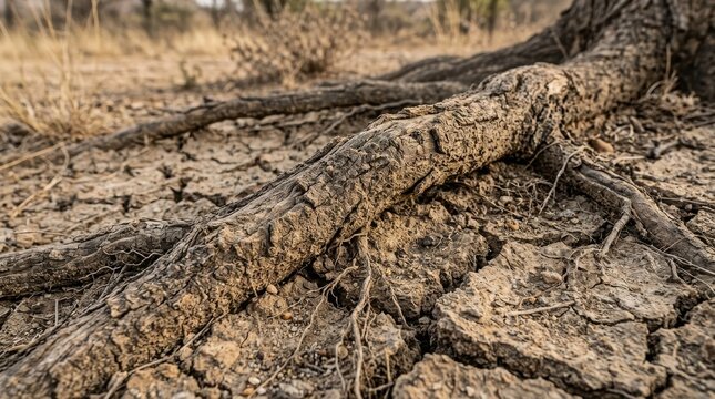 Cracked dry earth with exposed tree roots in a drought-stricken landscape , El Ni&ntilde;o