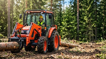 Obraz premium A worker drives a tractor in a forest while moving logs from the ground. Trees surround the area, and sunlight filters through the leaves. It is daytime