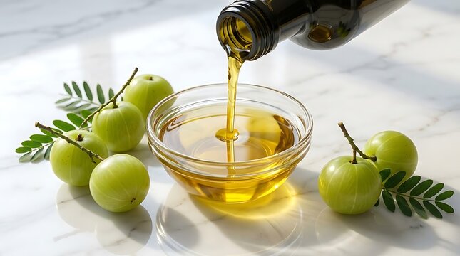Fresh amla oil pouring from a glass bottle into a small bowl with green indian gooseberry fruits on table. amla oil