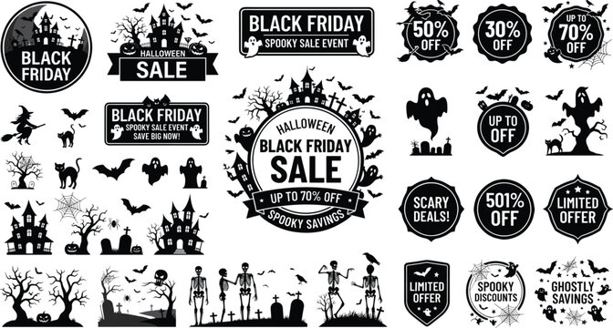 Halloween Black Friday sale badge collection vector illustration featuring spooky discount labels haunted house silhouettes ghosts skeletons witches bats offer tags bundle