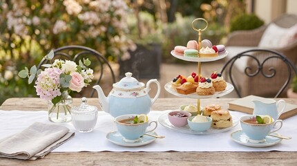 Fototapeta premium Elegant Afternoon Tea Party Outdoors: Pastries, Macarons, Scones, Tea