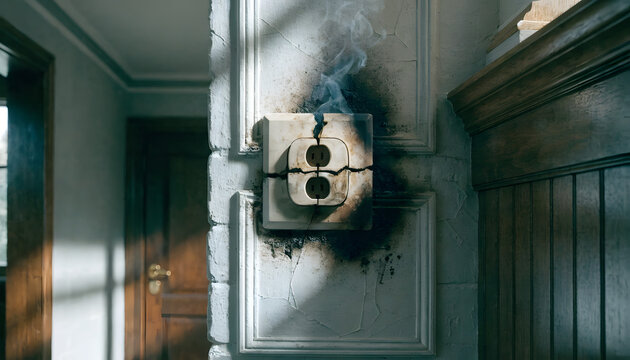 Damaged electrical wall socket emitting smoke due to dangerous short circuit fire hazard risk with cracked burnt electrical within old interior