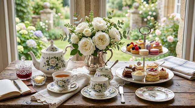 Elegant Afternoon Tea Party Set on Wooden Table with Garden View
