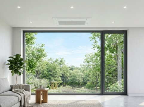 Modern living room with large glass doors to lush green garden , El Ni&ntilde;o